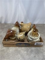Pottery glazed roosters and rooster candleholders