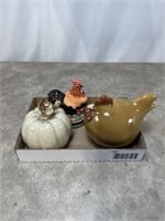 Pottery rooster and pumpkin decoration, rooster