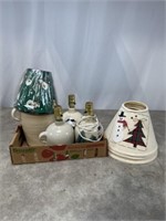 Snowman painted pottery lamps, most have shades