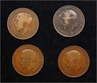 Group of 4 Coins, Great Britain Pennies, 1914, 191