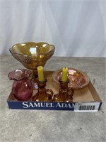 Carnival glass bowl, amber colored footed bowls