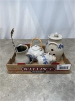Salmon Falls pottery teapot, piggy bank, pitcher,