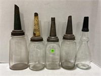 LOT OF 5 CONE TOP GLASS OIL BOTTLES