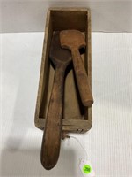PRIMITIVE HAND CARVED BUTTER PADDLES & WOOD SEWING