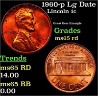 1960-p Lg Date Lincoln Cent 1c Grades GEM Unc RD