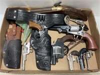 LARGE LOT OF TOY CAP GUNS, HOLSTERS & MORE
