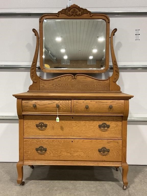 Antique Oak four drawer dresser with beveled