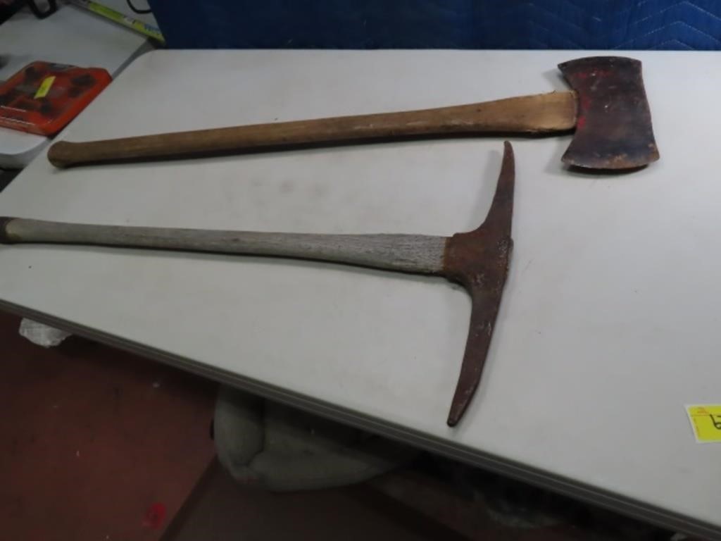 (2) Antique Axe & Miners Pick Hand Tools 32"ish