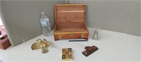 WOODEN CIGAR BOX,BRASS,EAGLE,DECK OF CARDS +