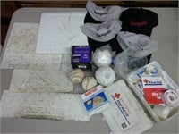 bases, first aid kit, baseballs, misc