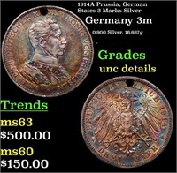 1914A Prussia, German States 3 Marks Silver Grades