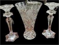 Heavy 10 “ Crystal Vase & Candle Holders