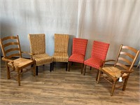 6pc Chairs 3 Pair: Red, Wicker, Wood w/Rush Seat