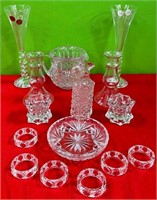 11 - CRYSTAL VASES, NAPKIN RINGS, PITCHER (P4)