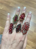 5 red costume jewelry rhinestone rings