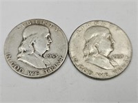 (2) 1953 S Silver Franklin Half Dollar Coins