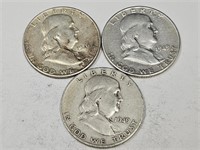 (3) 1949 S Silver Frankjlin Half Dollar Coins