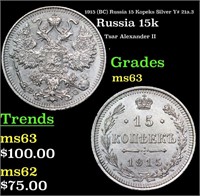1915 (BC) Russia 15 Kopeks Silver Y# 21a.3 Grades