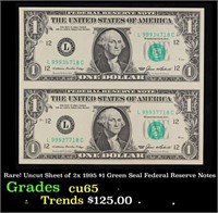 Rare! Uncut Sheet of 2x 1995 $1 Green Seal Federal
