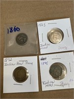 4 Indian head pennies 1860 1863 1892 1895