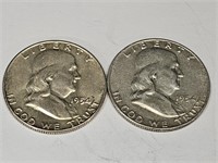 2- 1954 D Franklin Silver Half Dollar Coins