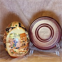 Vtg handpainted Satsuma Ceramic egg wood base