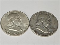 2- 1952 D Franklin Silver Half Dollar Coins