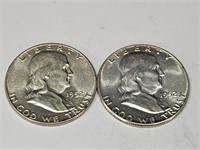2- 1952 D & Plain Franklin Silver Half Dollar Coin