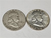 2- 1955  Franklin Silver Half Dollar Coins