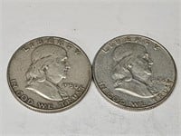 2- 1950 D  Franklin Silver Half Dollar Coins