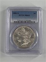 1881 S Morgan silver dollar, MS 63 by PCGS