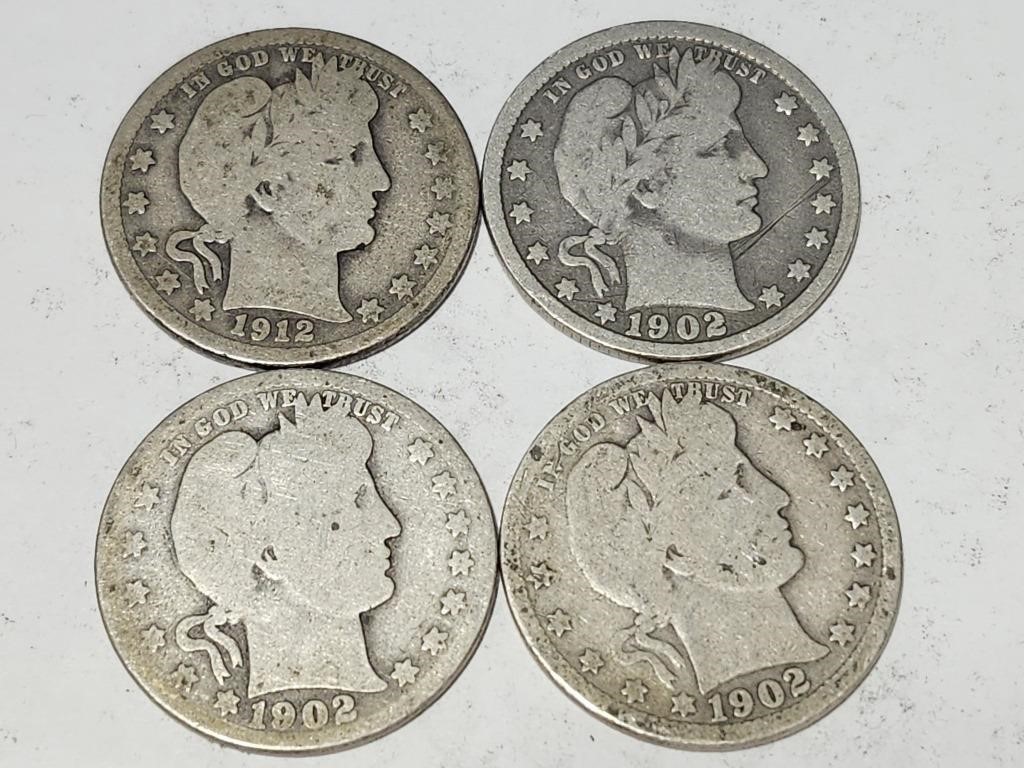 4- 1902 Silver Barber Coins