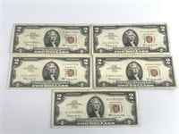 5 Mixed 1963 $2 red seal notes