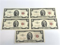 5 Mixed $2 red seal notes lightly circulated