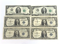 Mixed lot with $2 bills and $1 silver certificates