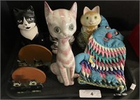 Ceramic Cat Figures & Pitcher, Cat Oven Mitt.