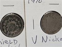 1910 V  & 1869 Nickel Coins