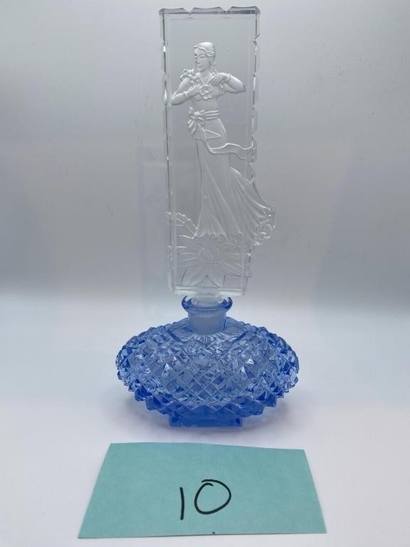 Czech Blue Perfume Bottle w/ Intaglio Woman Top