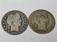 2  1893 O Silver Barber Half Dollar Coins