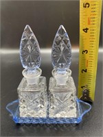 Cz Pair of Clear Perfume Bottles w/ Blue Tops Tray