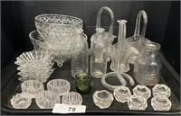 Crystal, Glass Bowls, Salt Wells, Bottles, Basket.