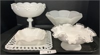 Vintage Pedestal Milk Glass Bowls, Plates.