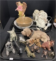 Vintage Cast Metal Dog Figurines, Pottery Bowl.