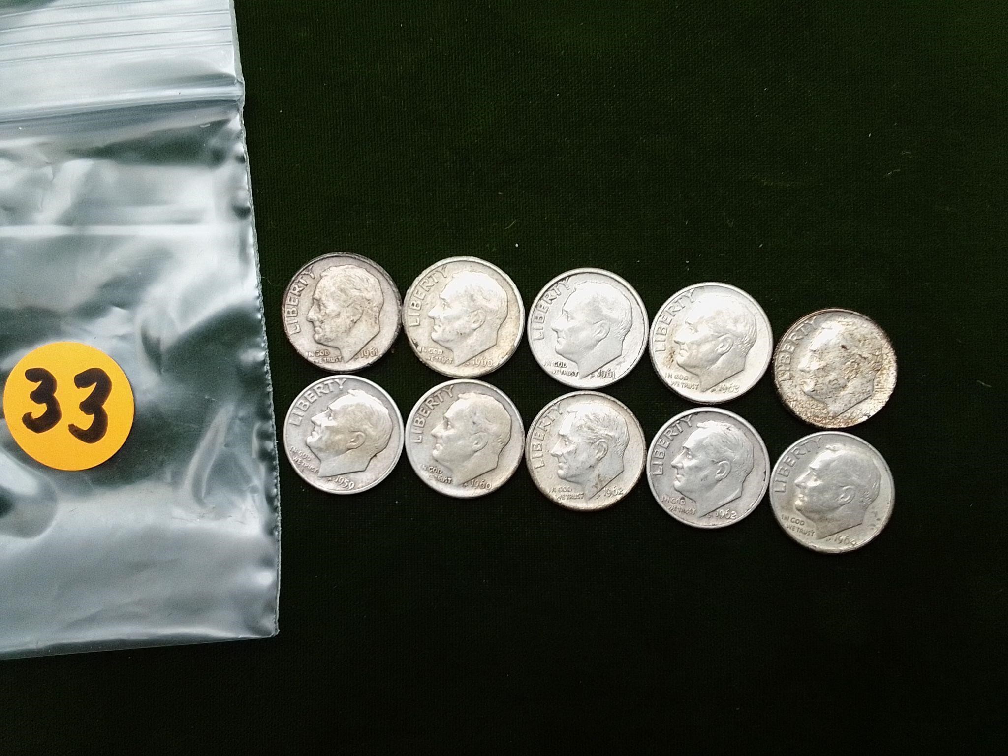 10 SILVER DIMES 1950s-1960s