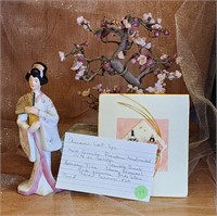Asian lot Bonsai tree, Geisha figure & card