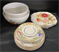 Fire King Mixing Bowls, Melamine Plates, Gibson.