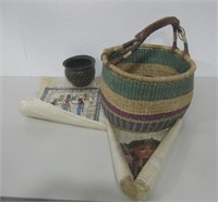 Two Papyrus Art, Metal Basket & Basket See Info