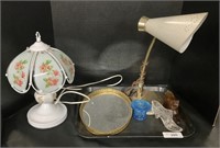 Depression Glass & Touch Lamps, Vintage Mirror.