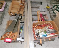 pallet w/clamps, hand saws, cords, levels, more