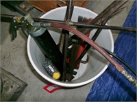 bucket w/grease gun, 4-Way, pipe wrench & more